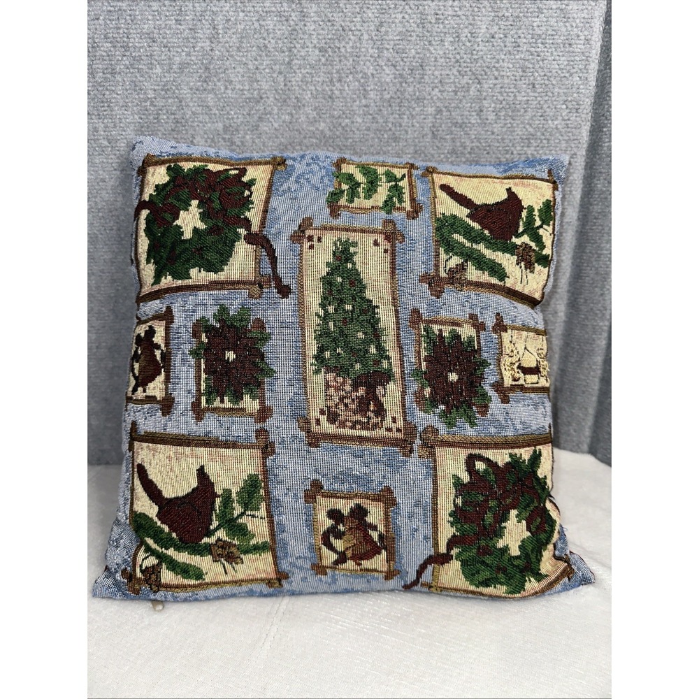 Holiday Tapestry Pillow Festive Christmas‎ Wreath Tree & Cardinal 14.5 X 14.5"